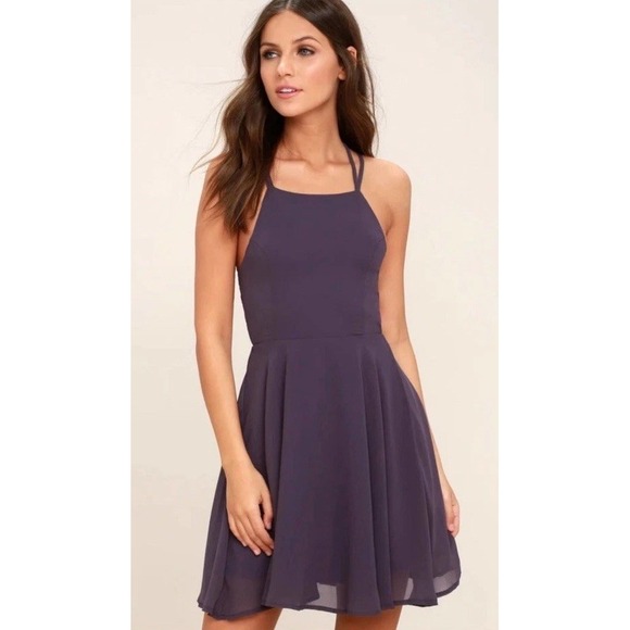 NWT LULUS Lined Fit & Flare Mini Dress, Criss-Cross Back Dusty Purple Women's M - Picture 1 of 12